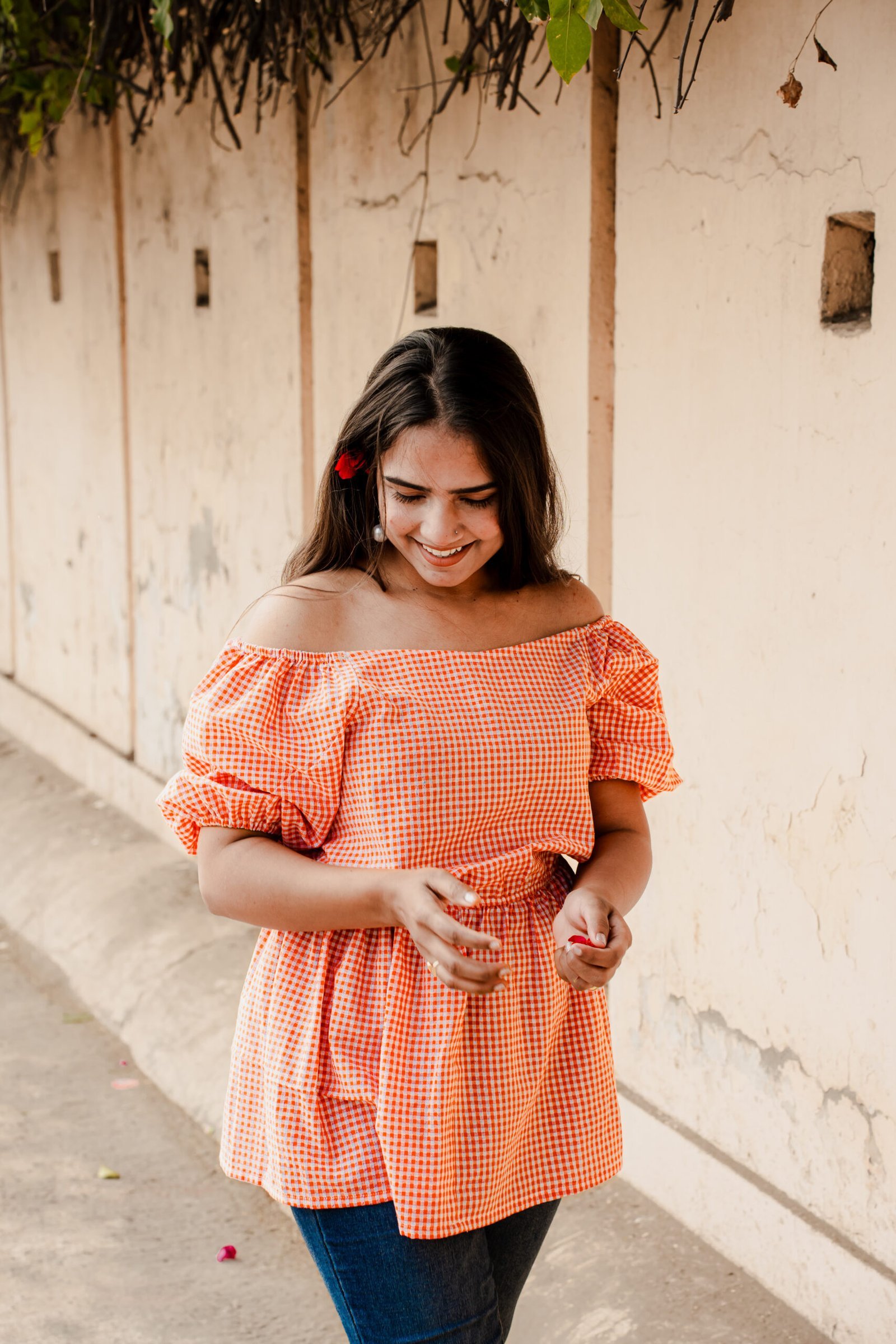 DSC03136-scaled-1.jpg Orange Gingham Cotton Off-Shoulder Top