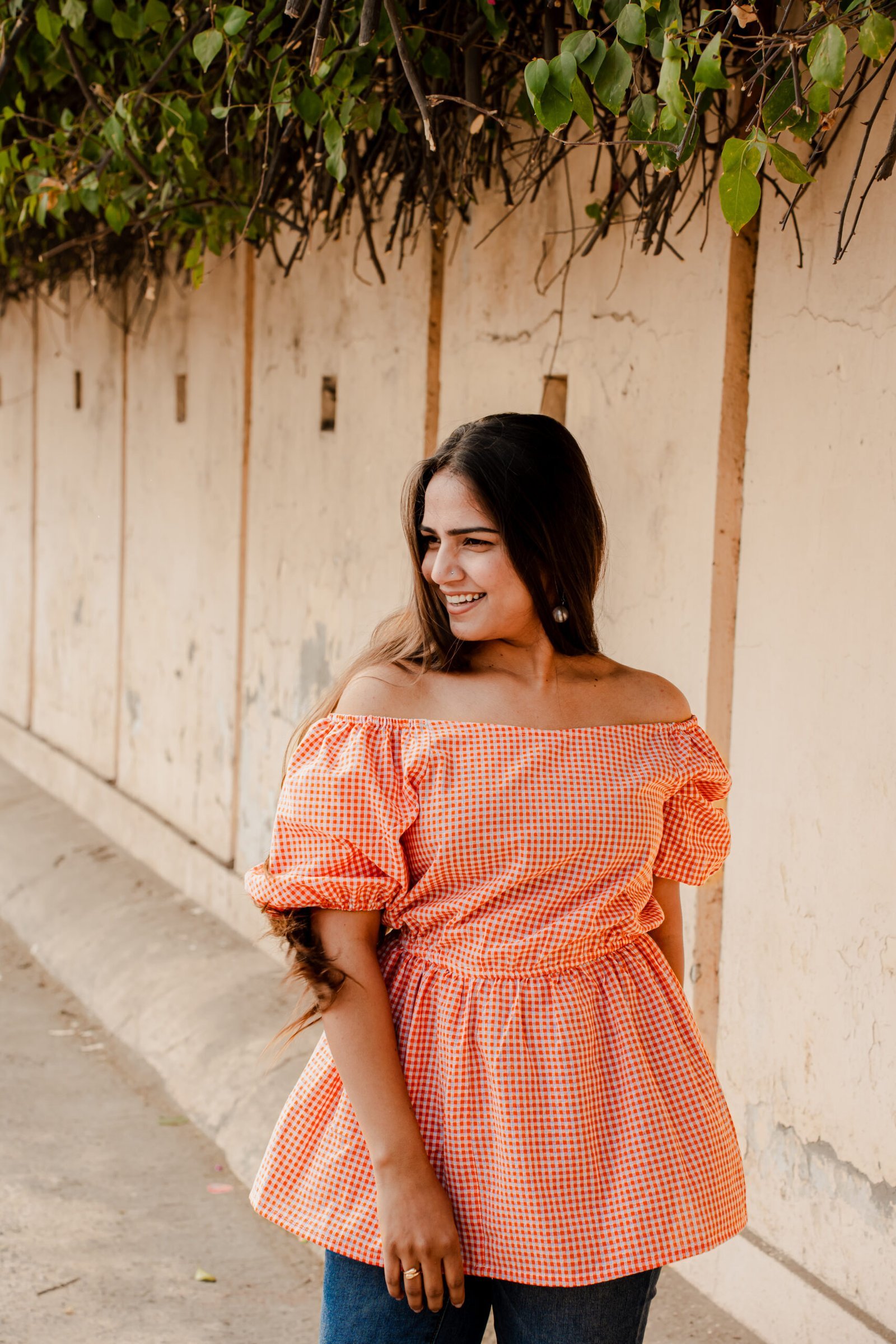 DSC03138-scaled-1.jpg Orange Gingham Cotton Off-Shoulder Top