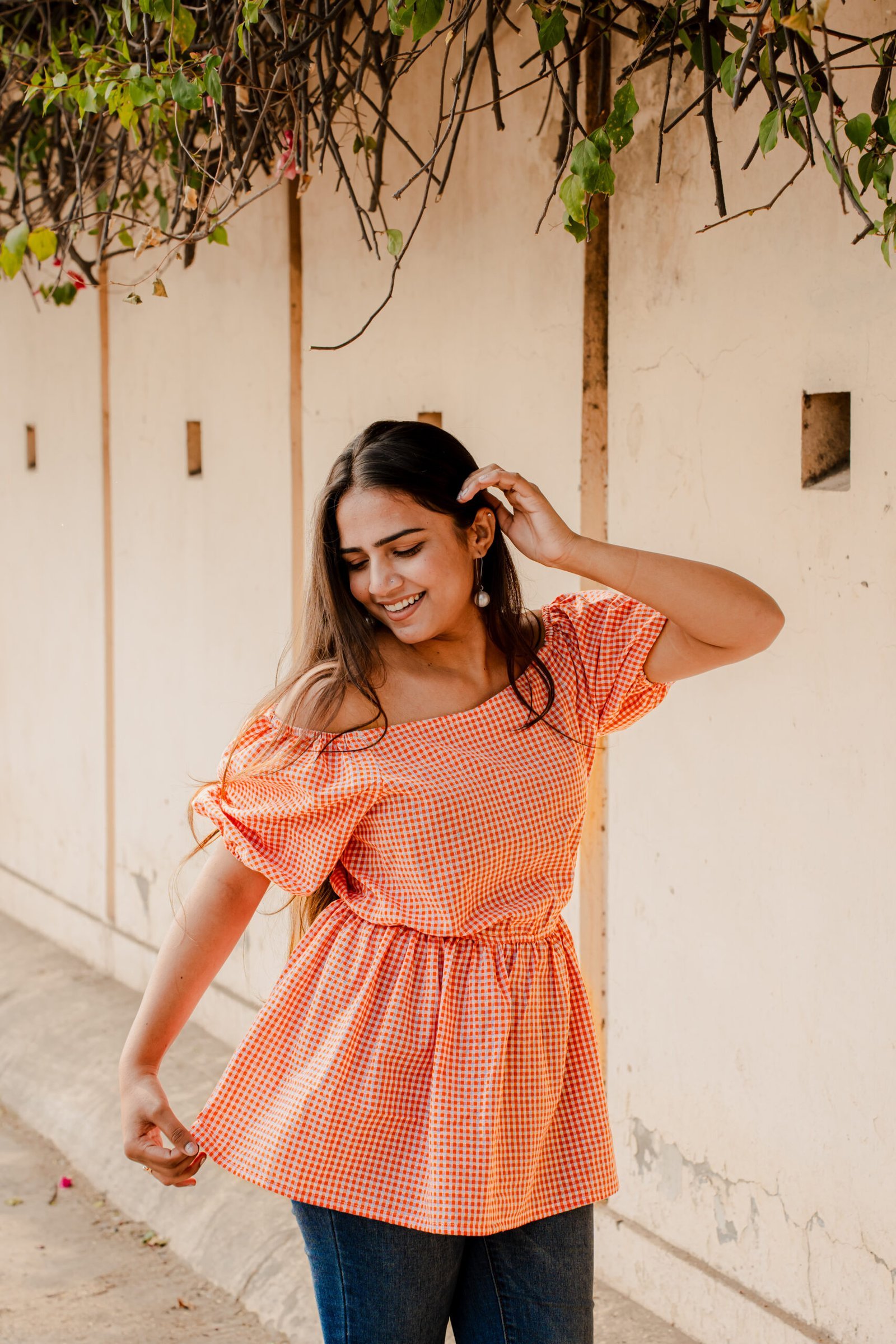 DSC03140-scaled-1.jpg Orange Gingham Cotton Off-Shoulder Top