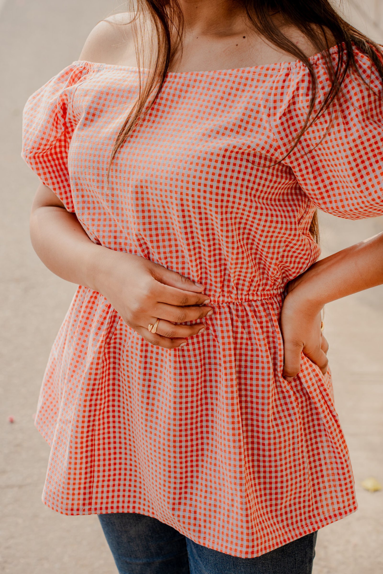DSC03154-scaled-1.jpg Orange Gingham Cotton Off-Shoulder Top