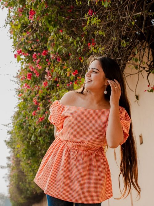 Orange Gingham Cotton Off-Shoulder Top Orange Gingham Cotton Off-Shoulder Top