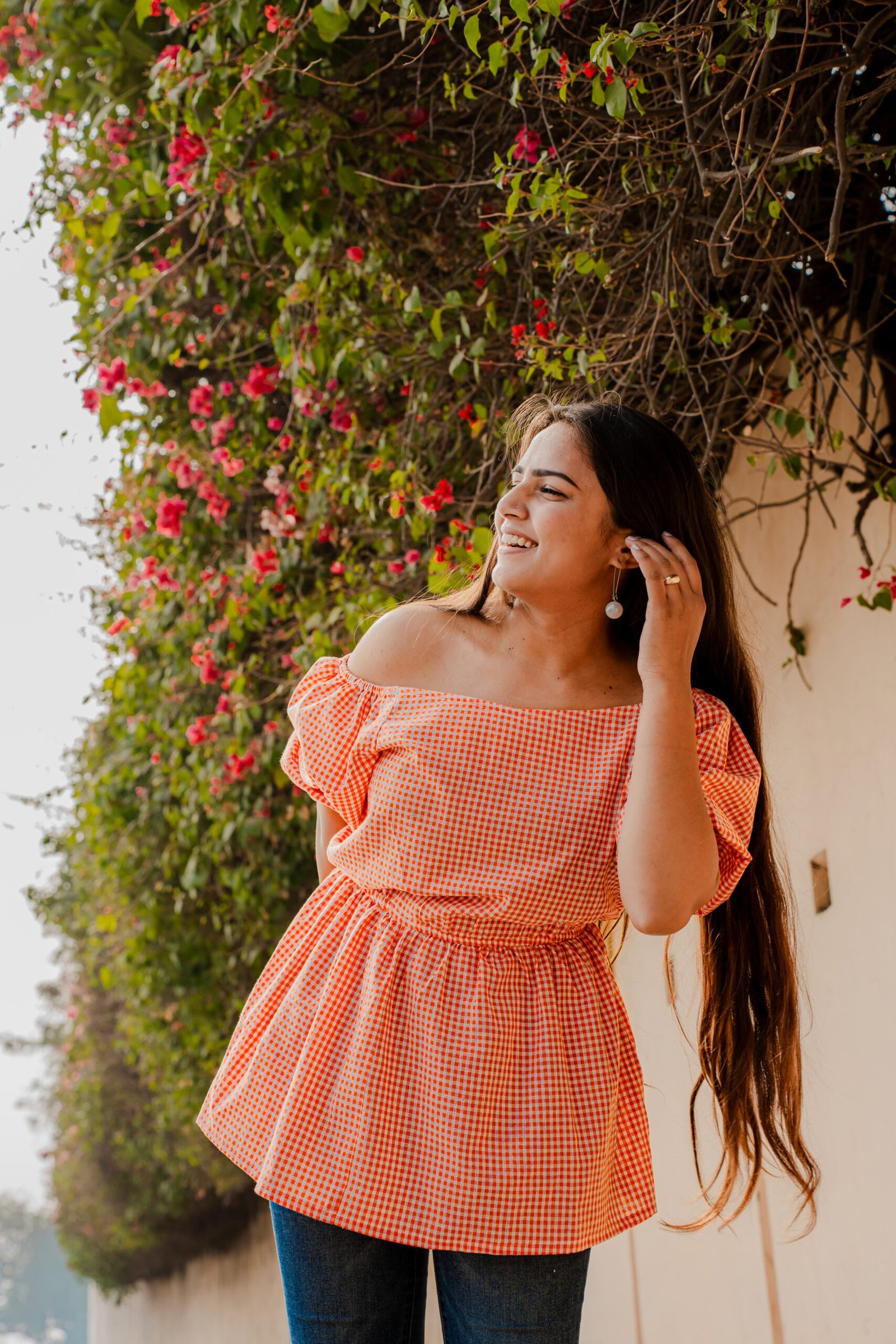 Orange Gingham Cotton Off-Shoulder Top Orange Gingham Cotton Off-Shoulder Top