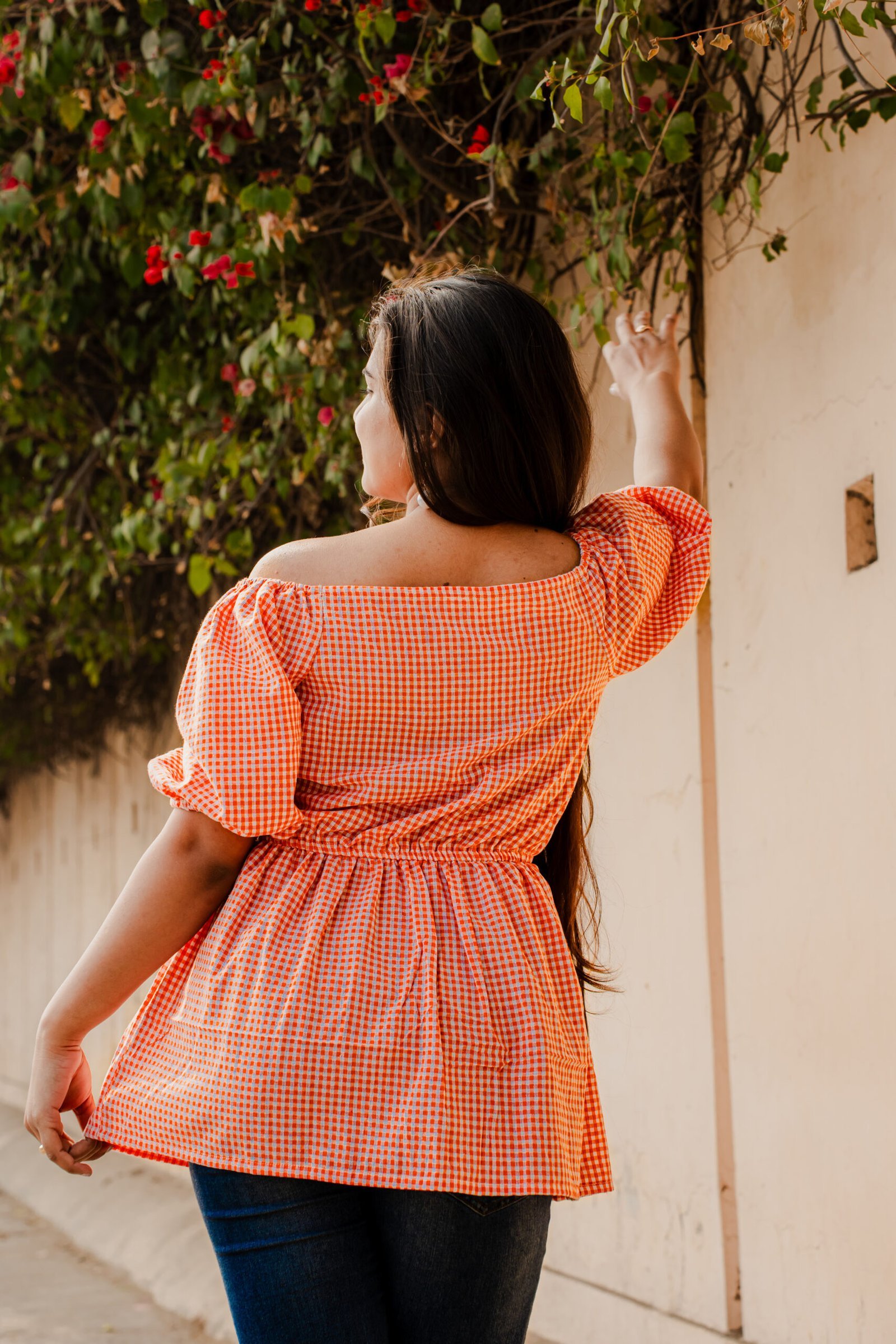 DSC03172-scaled-1.jpg Orange Gingham Cotton Off-Shoulder Top