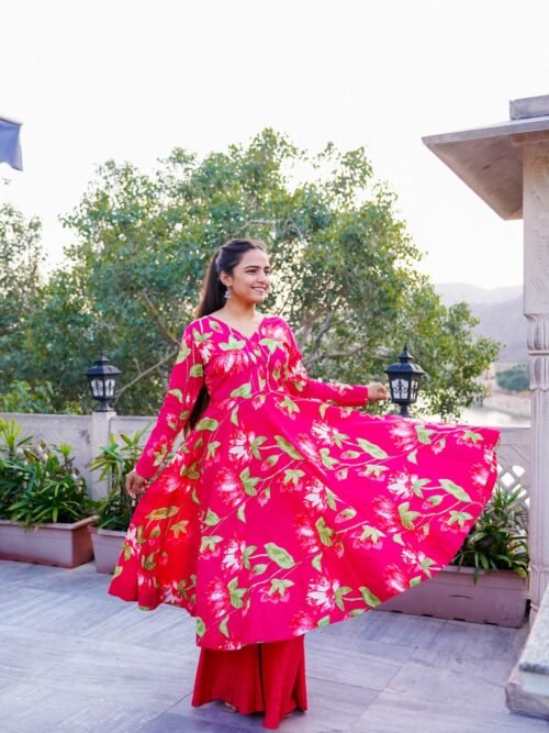 Hot Pink Floral Cotton Anarkali Set Hot Pink Floral Cotton Anarkali Set