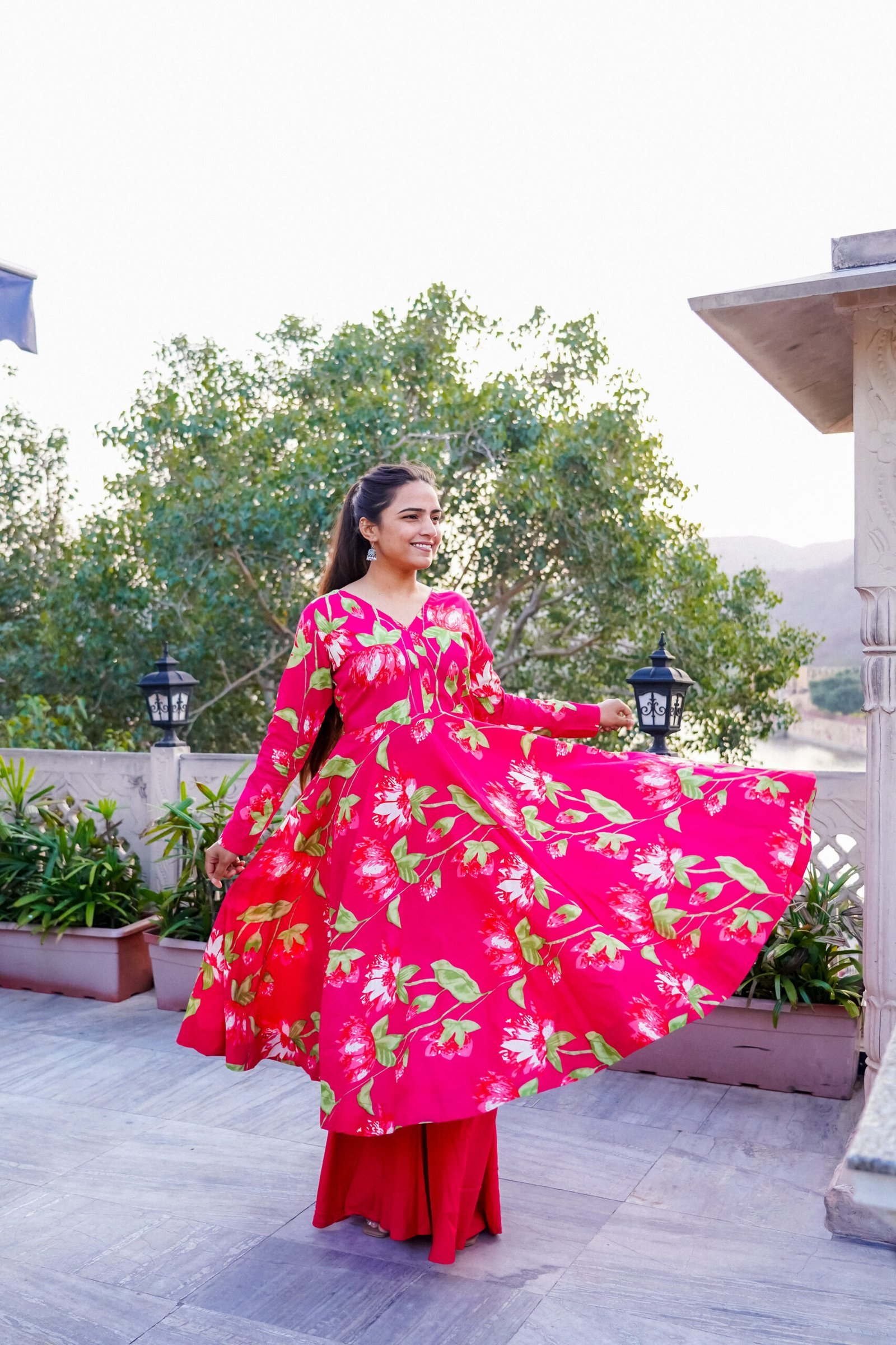 Hot Pink Floral Cotton Anarkali Set