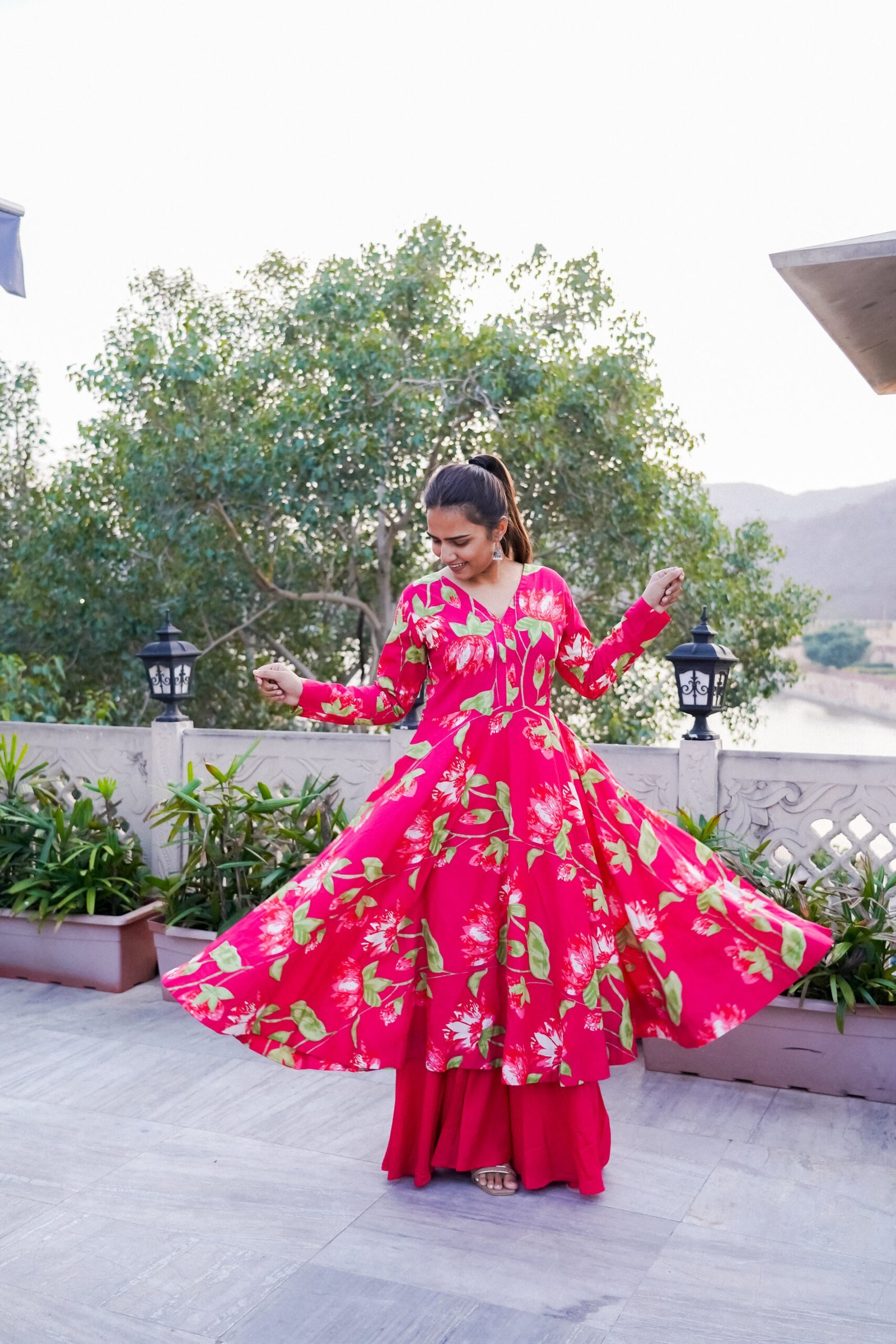 Hot Pink Floral Cotton Anarkali Set