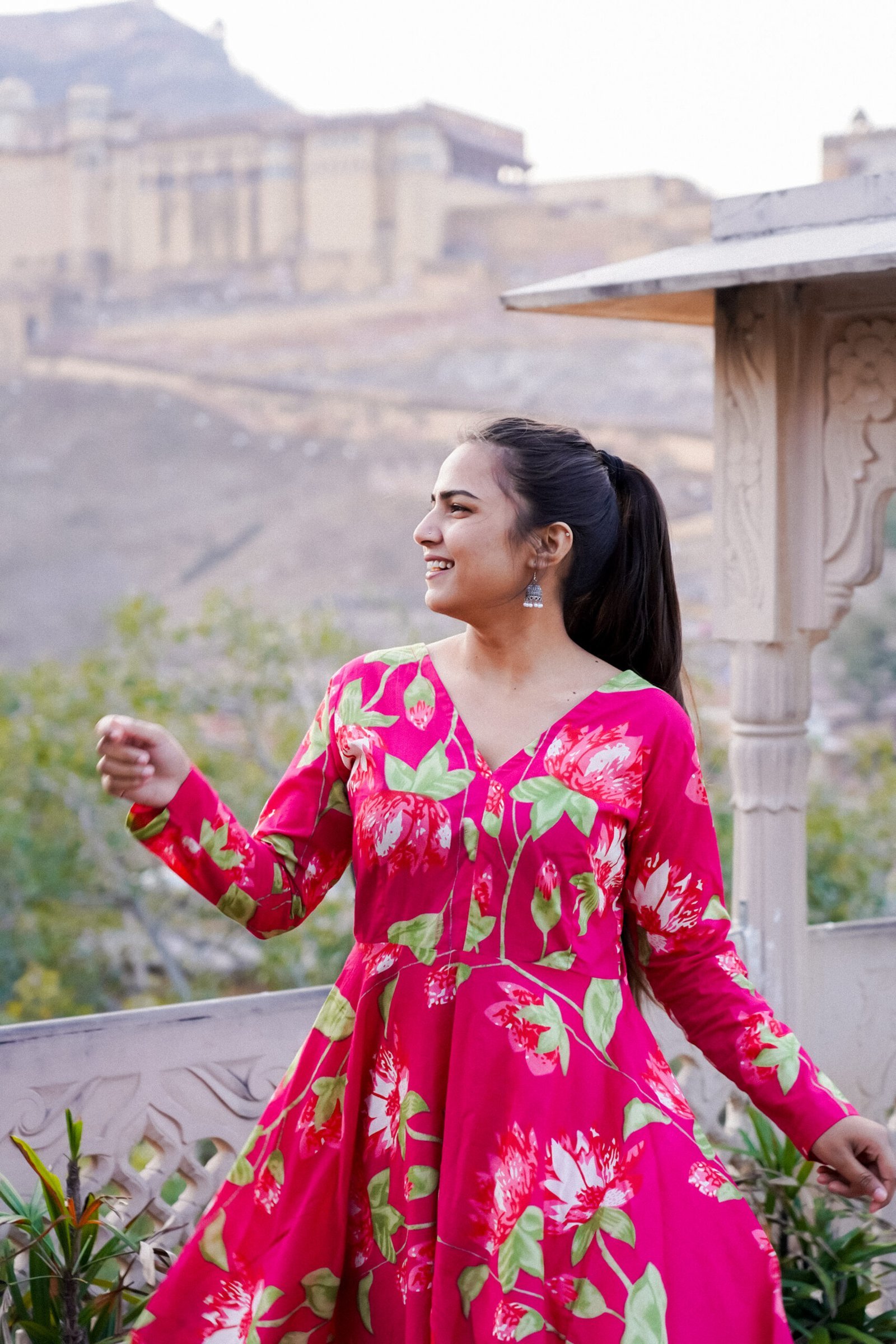 Hot Pink Floral Cotton Anarkali Set