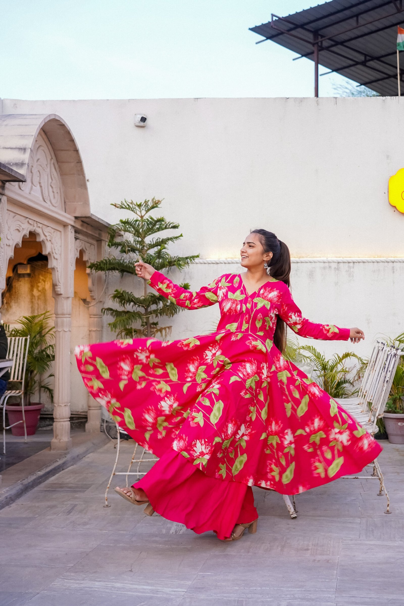 Hot Pink Floral Cotton Anarkali Set