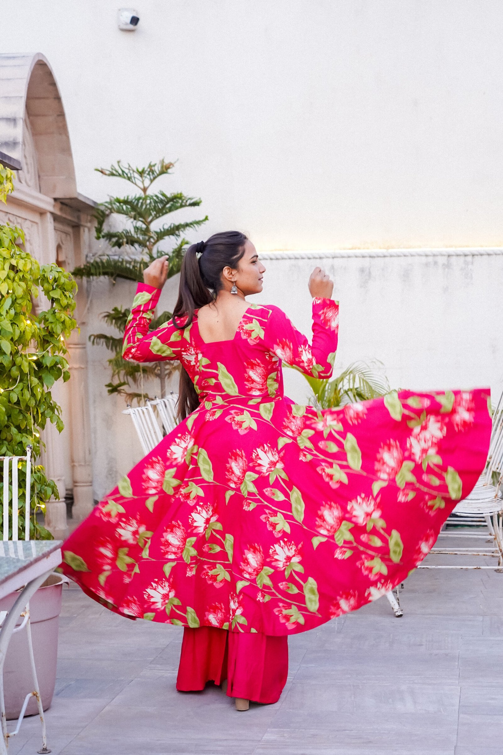 Hot Pink Floral Cotton Anarkali Set