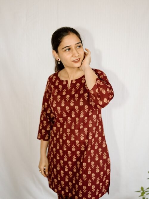 Maroon Beige Printed Cotton Co-Ord Set