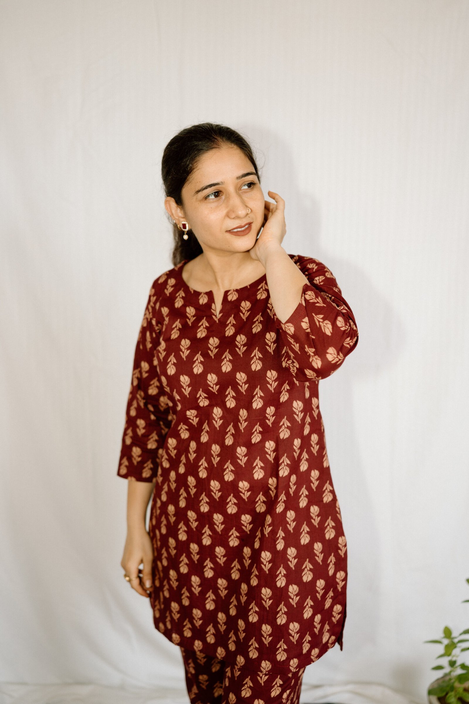 Maroon Beige Printed Cotton Co-Ord Set Maroon Beige Printed Cotton Co-Ord Set