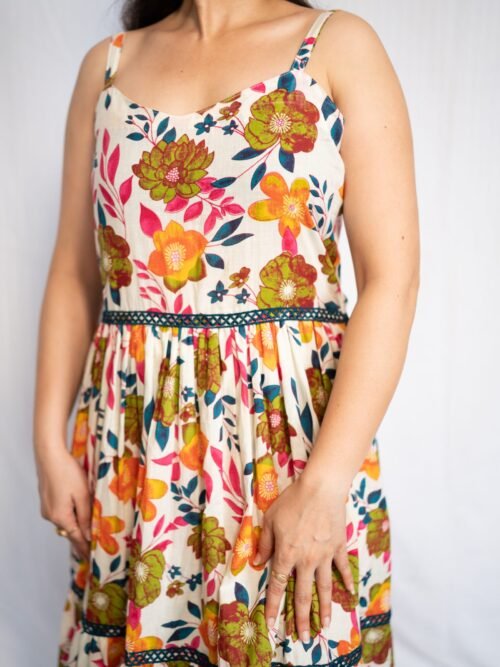 Cream Floral Cotton Midi Dress
