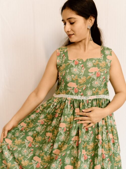 Sage Green Floral Cotton Midi Dress